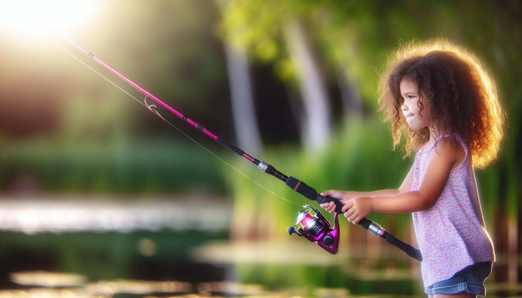 Young child casting a colorful kids fishing pole