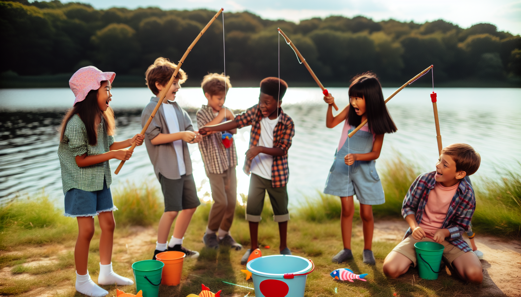Group of kids playing fishing-themed games by the lake