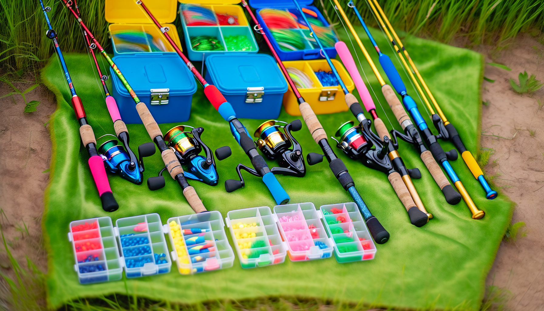 Assortment of colorful kids fishing poles and gear