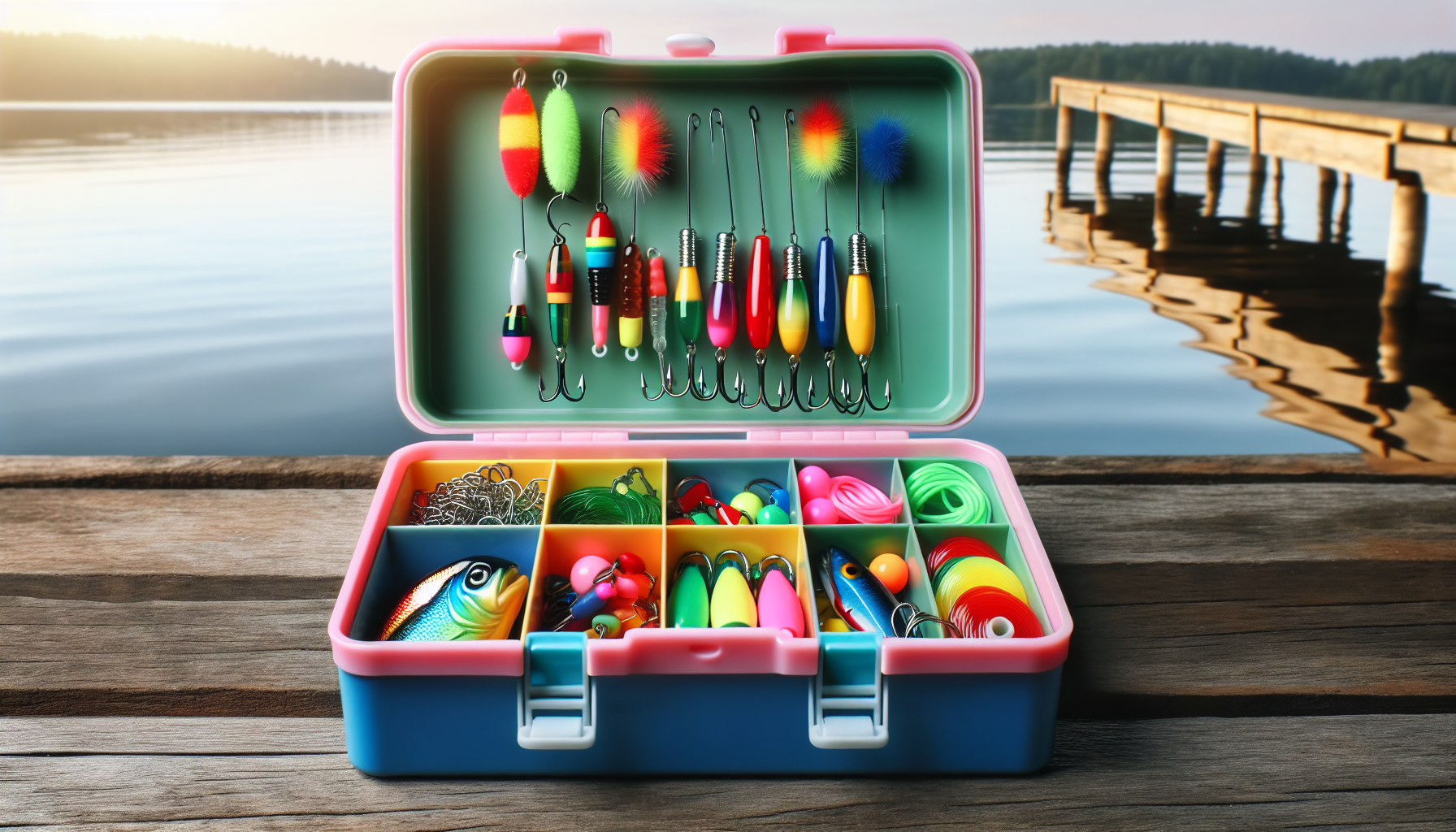 Tackle box filled with kids fishing gear
