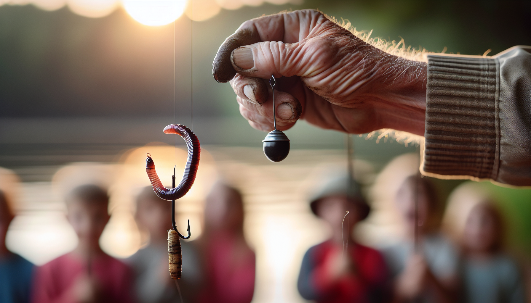 Close-up of baiting a hook with fishing line and sinker