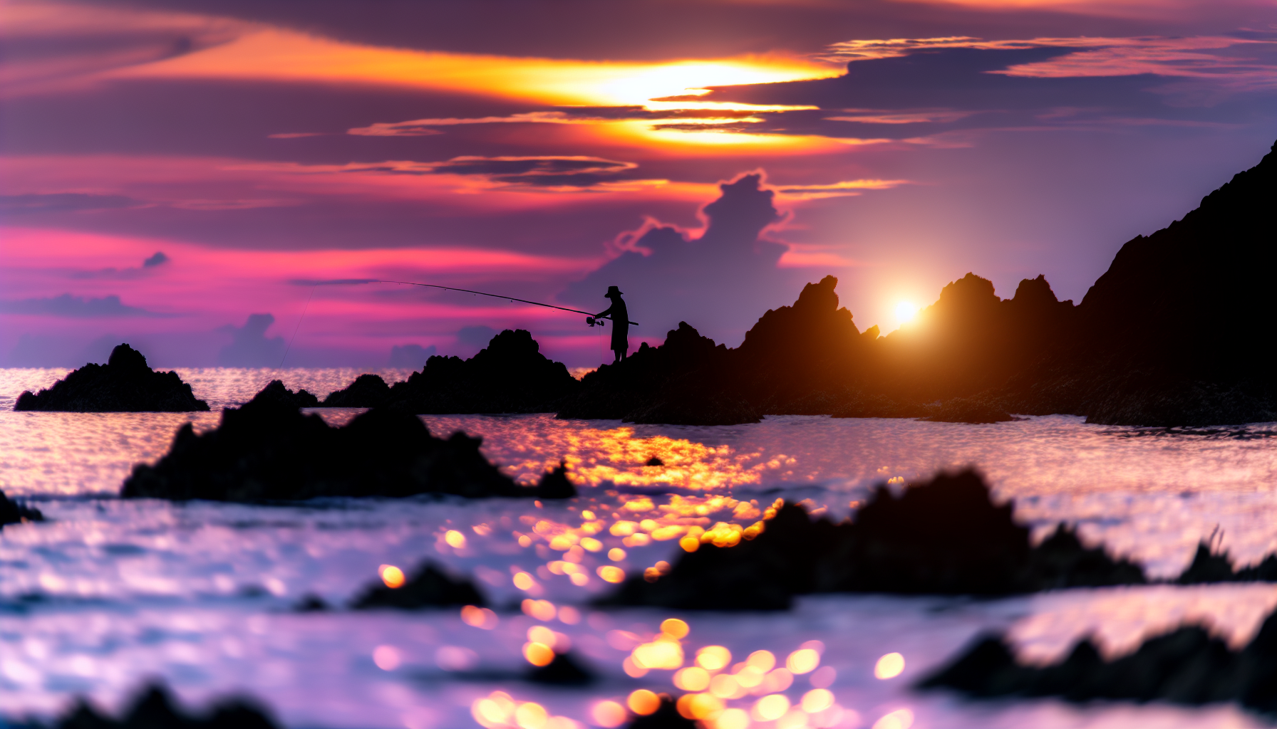 A person fishing from a rocky shore with a beautiful sunset in the background