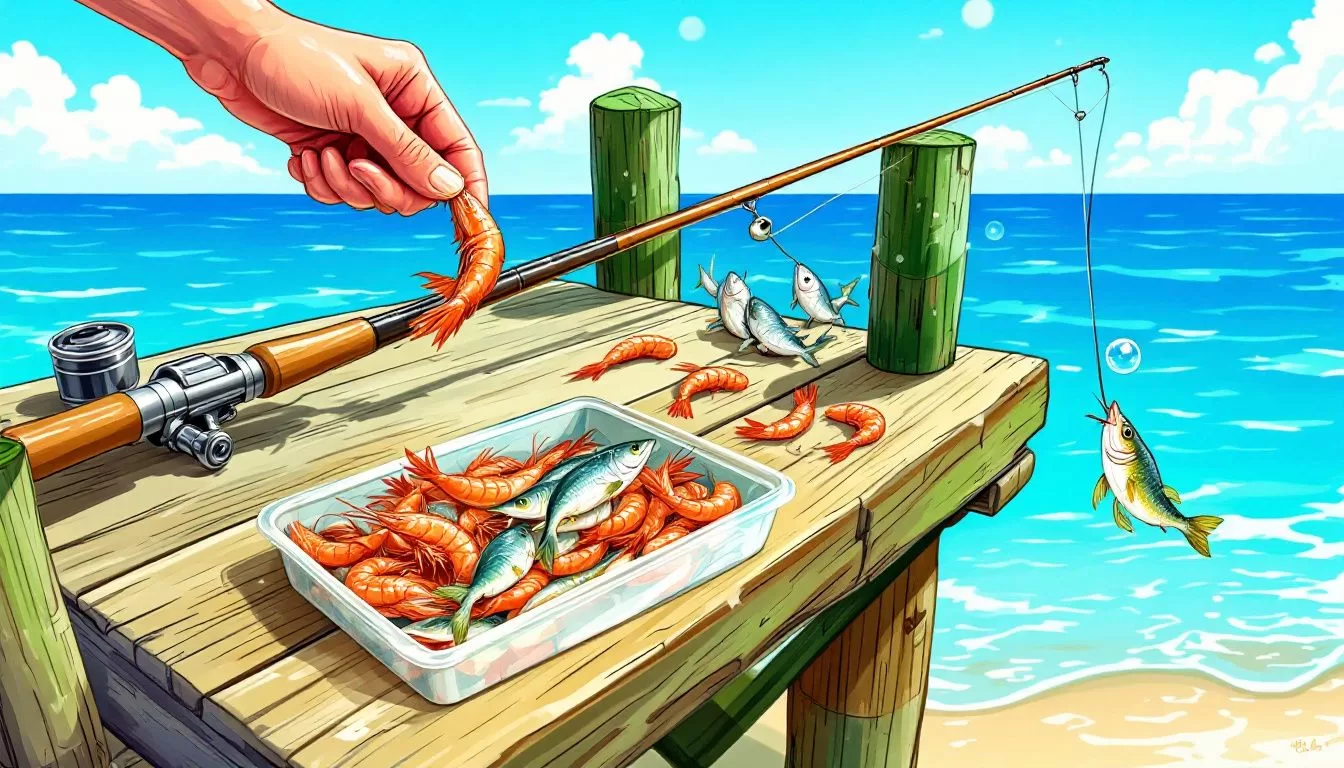 An assortment of baits used for catching flounder, including live shrimp and mud minnows.