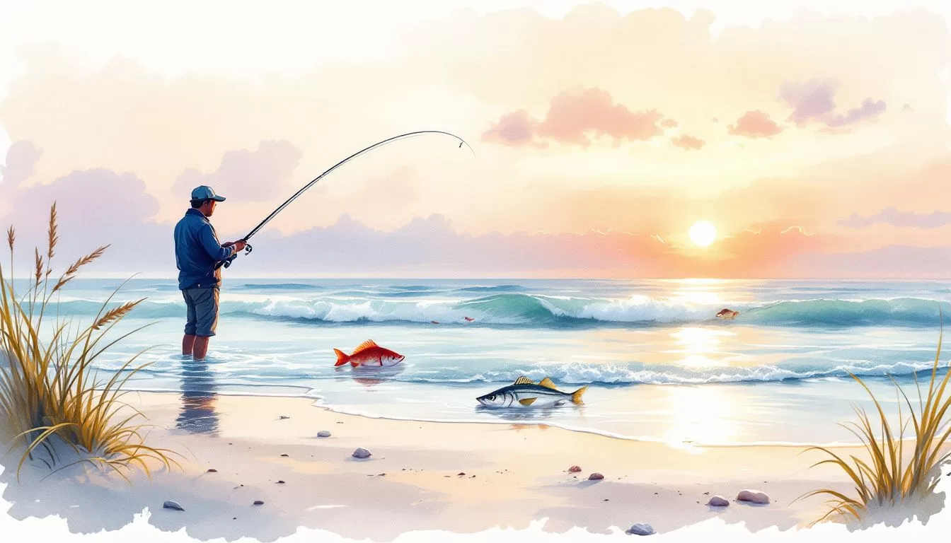 Different fish species commonly targeted in beach fishing, including striped bass and redfish.