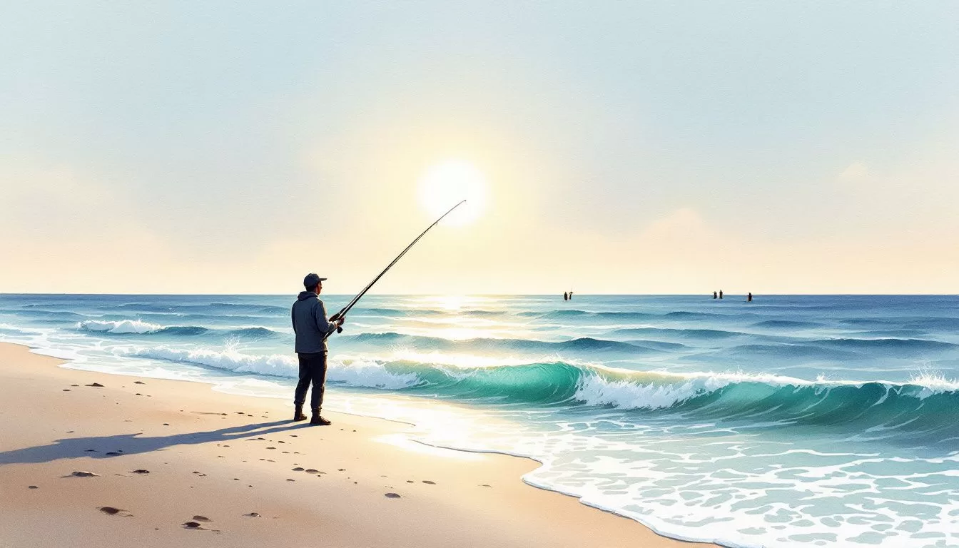 An angler observing the beach and waves for fishing opportunities.